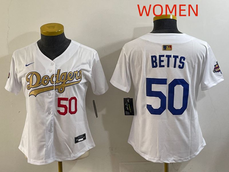 Women Los Angeles Dodgers #50 Betts White Champion edition Nike MLB Jersey style 003->women mlb jersey->Women Jersey